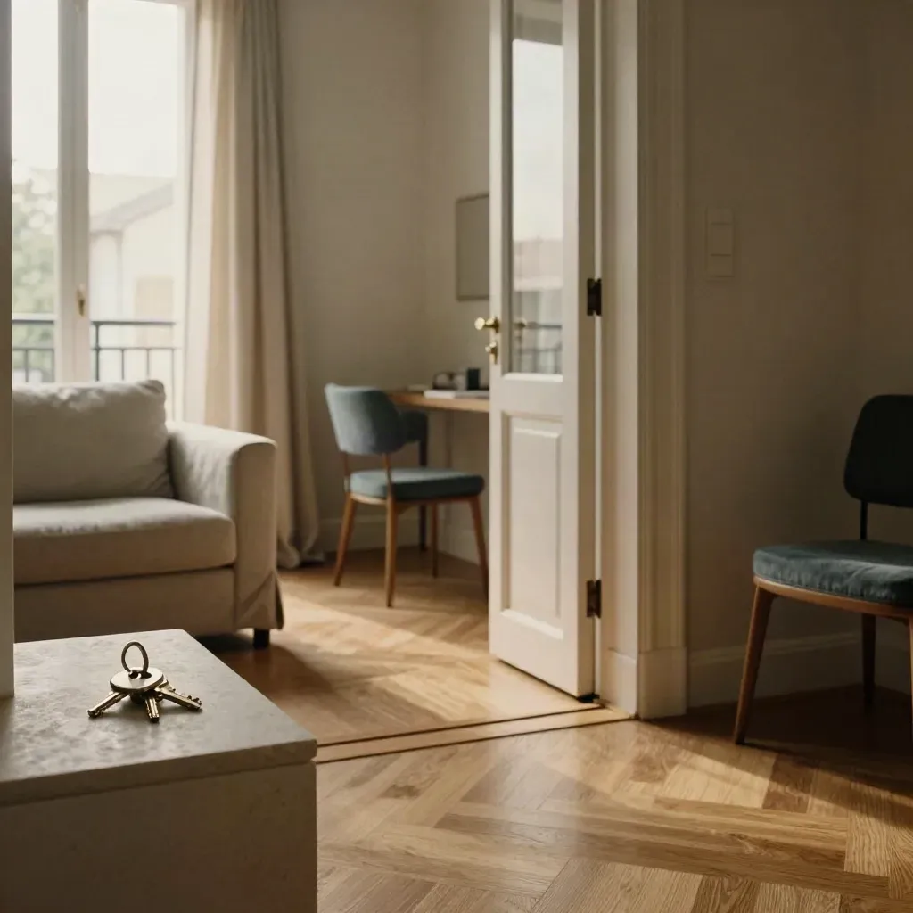 Appartamento pronto-visita con porta aperta, parquet, divano neutro, chiavi e balcone.
