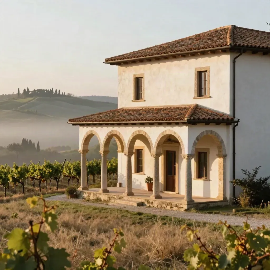 Villa toscana all'alba tra vigne e cipressi, con nebbia bassa e luce calda sulla facciata.