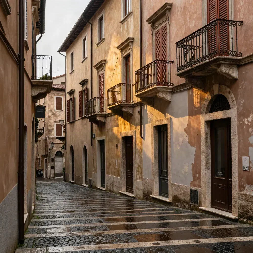 Via urbana in prospettiva diagonale con balconi e ingressi in pietra dopo la pioggia
