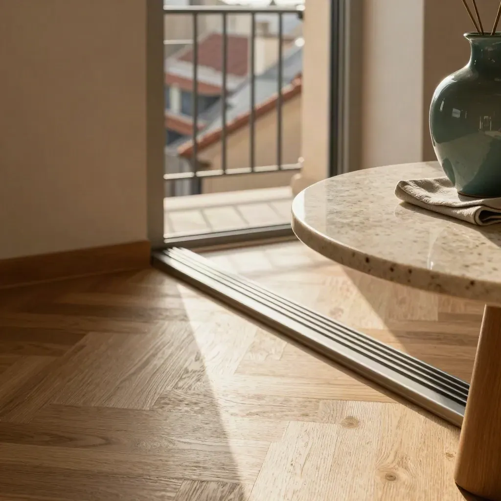 Interno di bilocale luminoso con parquet chiaro, tavolo rotondo e balconcino sui tetti.