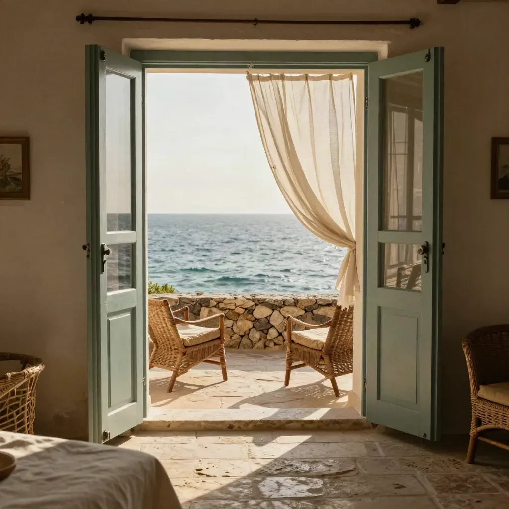 Villa sul mare con terrazza in pietra, persiane aperte e tende mosse dal vento