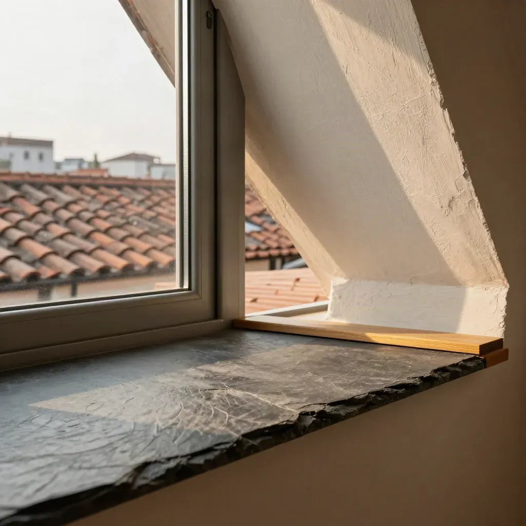 Attico luminoso con vetrata aperta, terrazza minima e tetti italiani sullo sfondo.