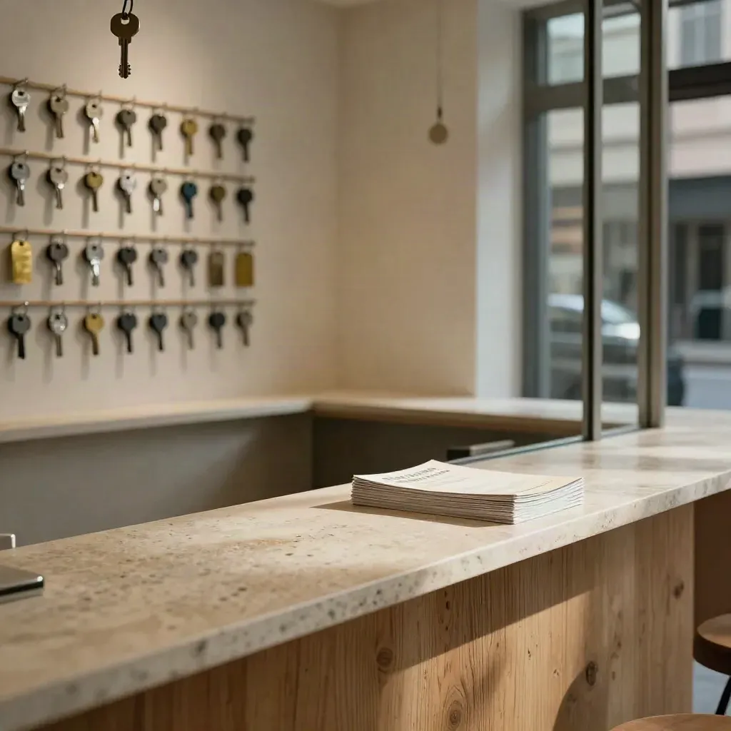 Interno di agenzia immobiliare con muro di chiavi sfocato, banco in pietra e vetrata laterale.