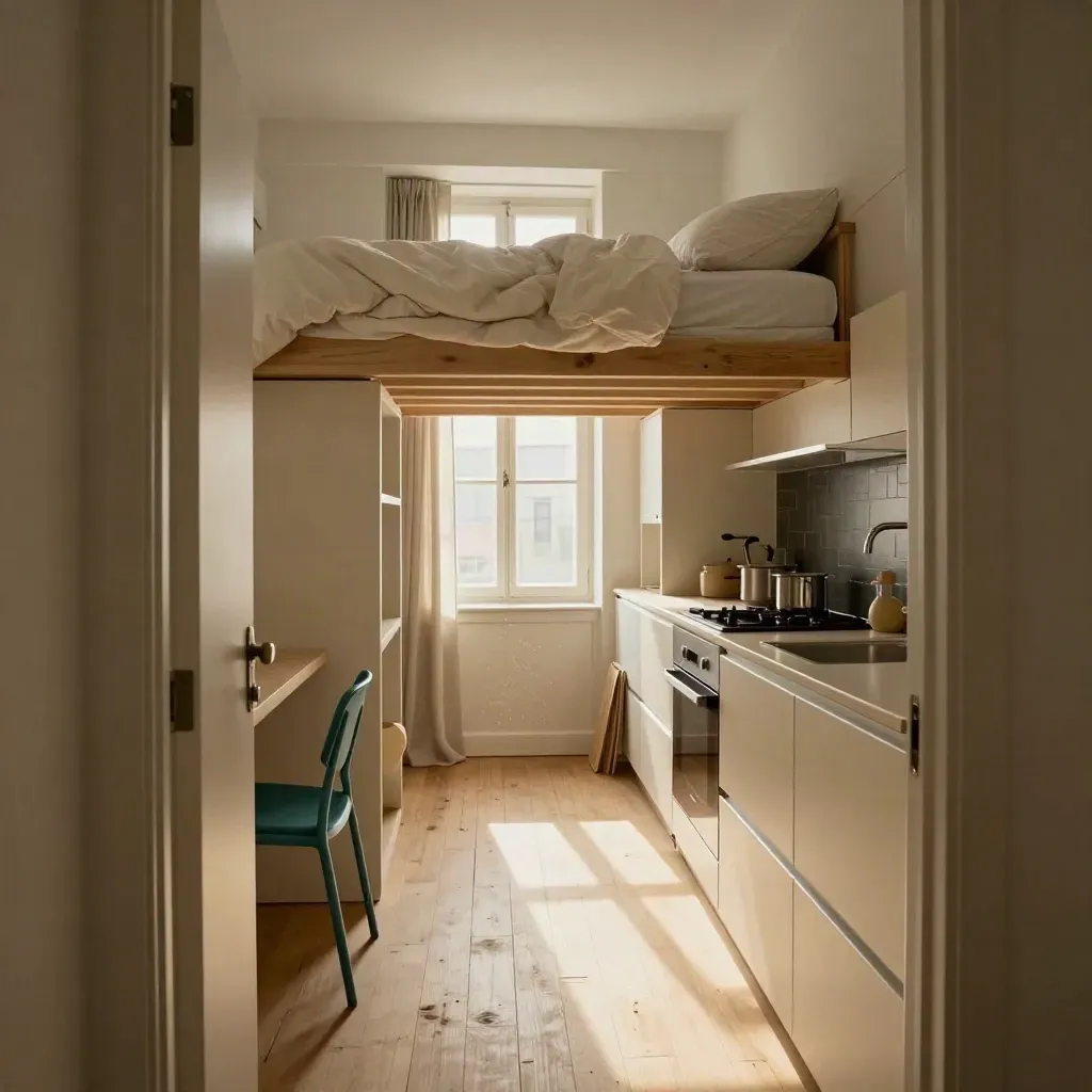 Monolocale con letto alto, mini cucina e sedia pieghevole visto dalla soglia