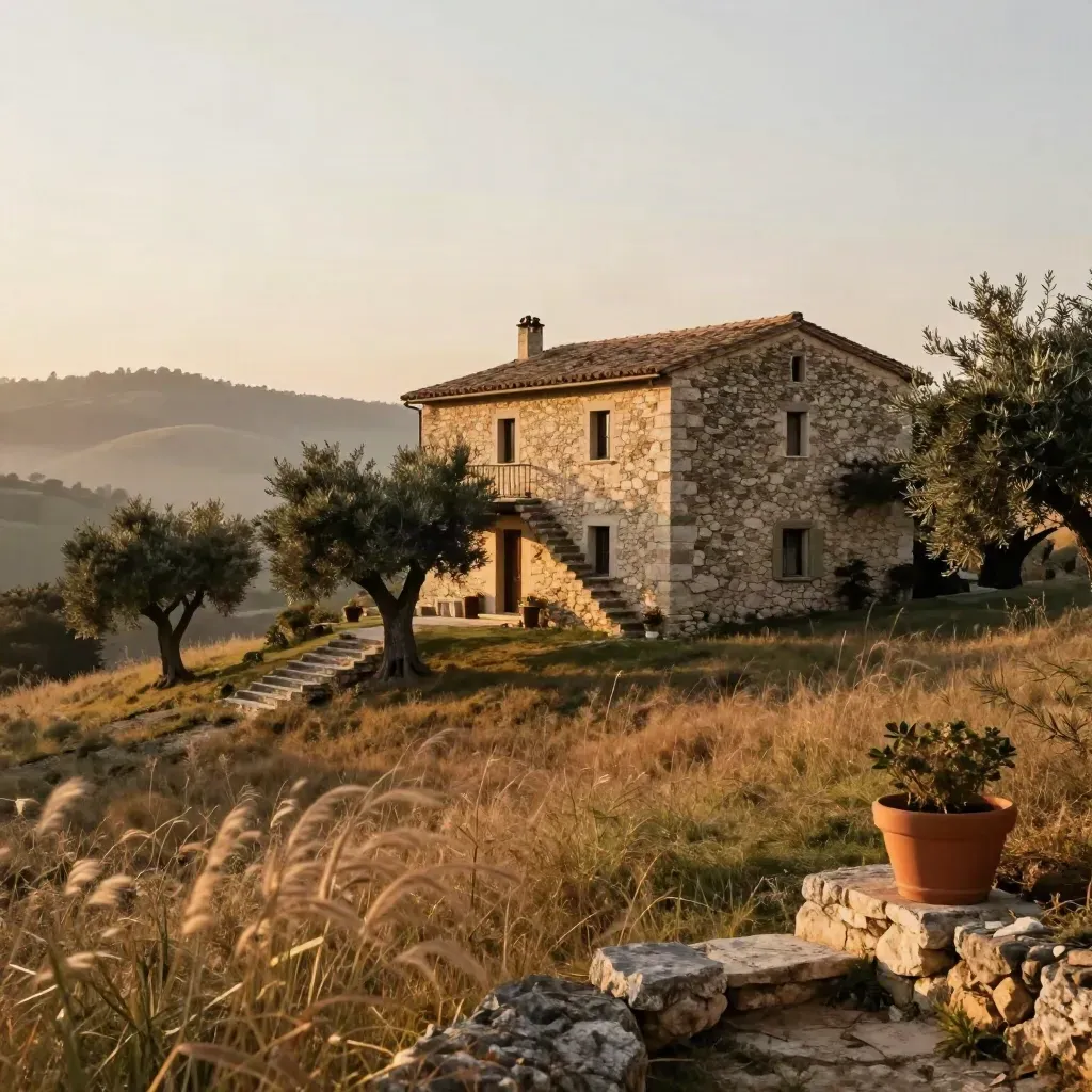 Rustico in pietra su collina con ulivi, erba alta e scala esterna in luce calda.