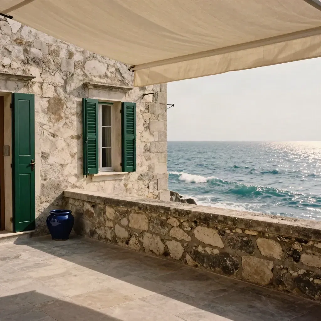 Casa sul mare con terrazza in pietra, persiane verdi e mare brillante oltre il muretto.