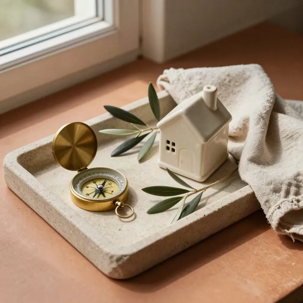 Bussola in ottone, casetta in ceramica, ulivo e lino su vassoio in pietra.