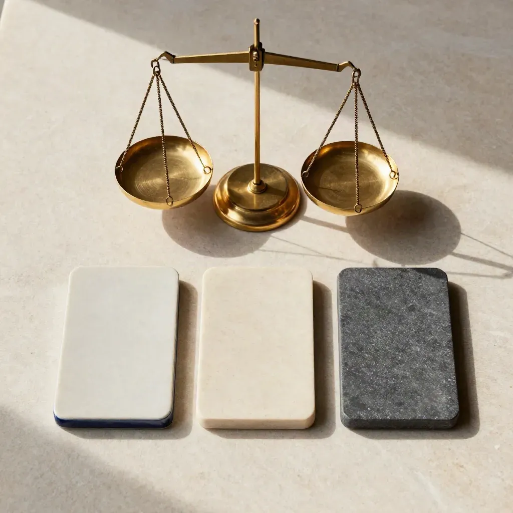Bilancia in ottone con pesi in pietra e tavolette ceramiche su lastra chiara