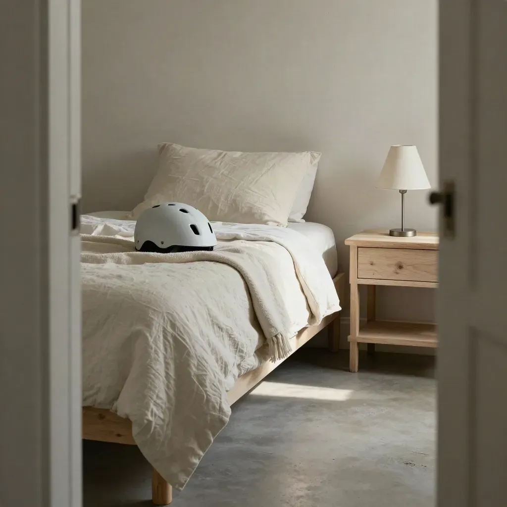 Stanza per studenti con comodino, lampada, cuscino, casco bici e coperta piegata vicino al letto.